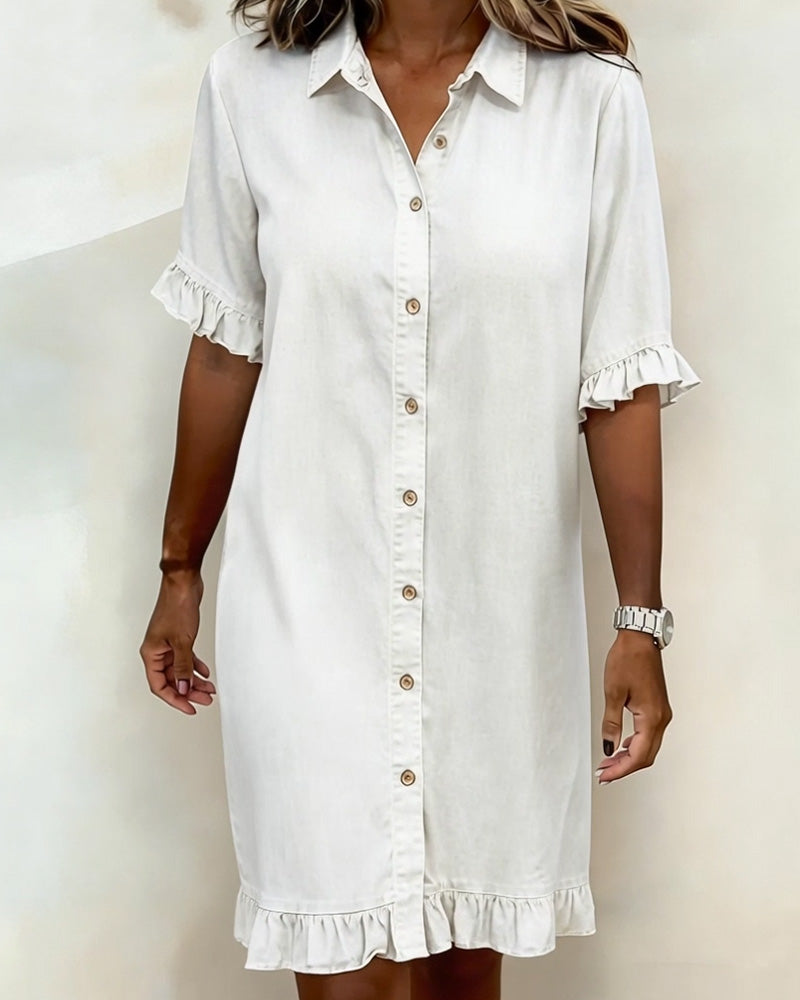 Lucía™ | Vestido Camisero Denim con Volantes