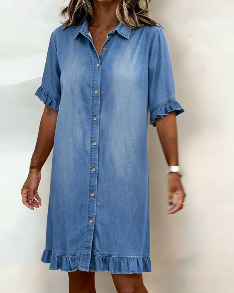 Lucía™ | Vestido Camisero Denim con Volantes