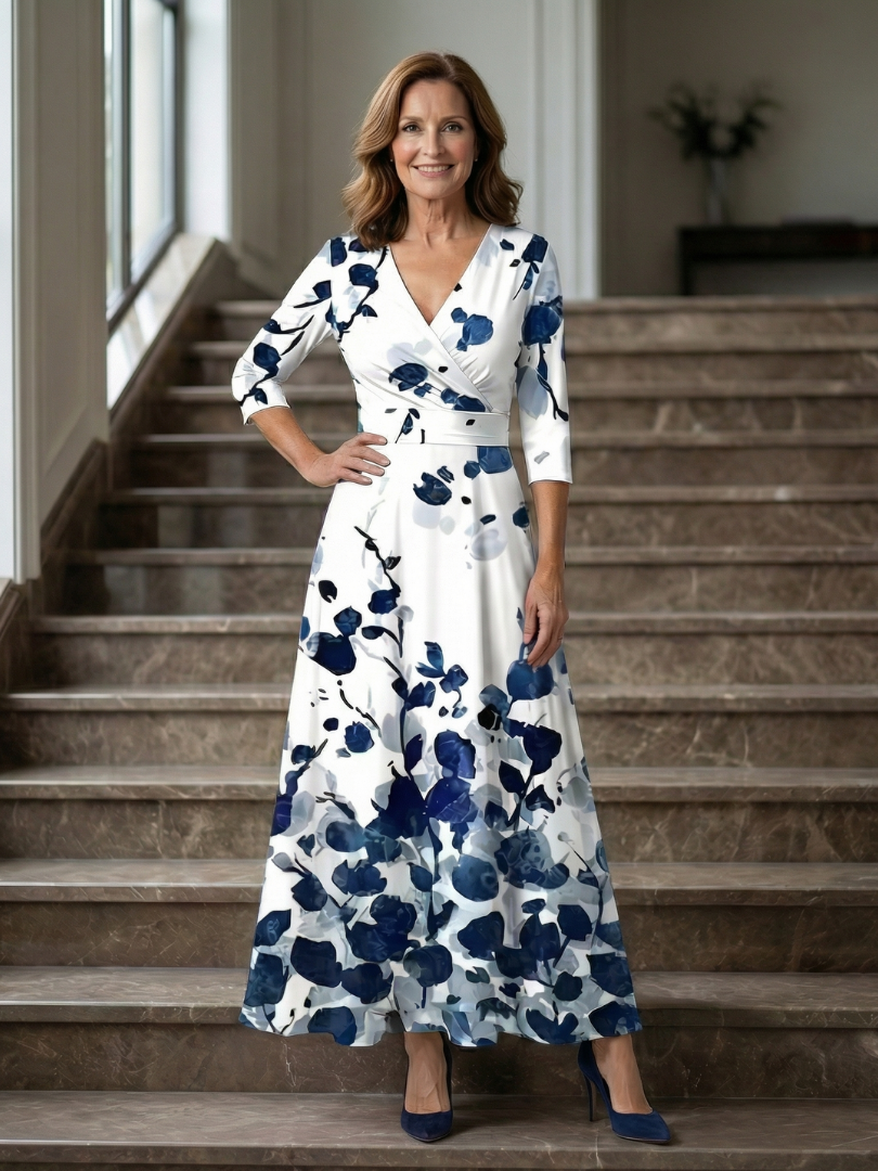 Celeste™ | Vestido Midi Floral con Escote Cruzado y Manga Tres Cuartos