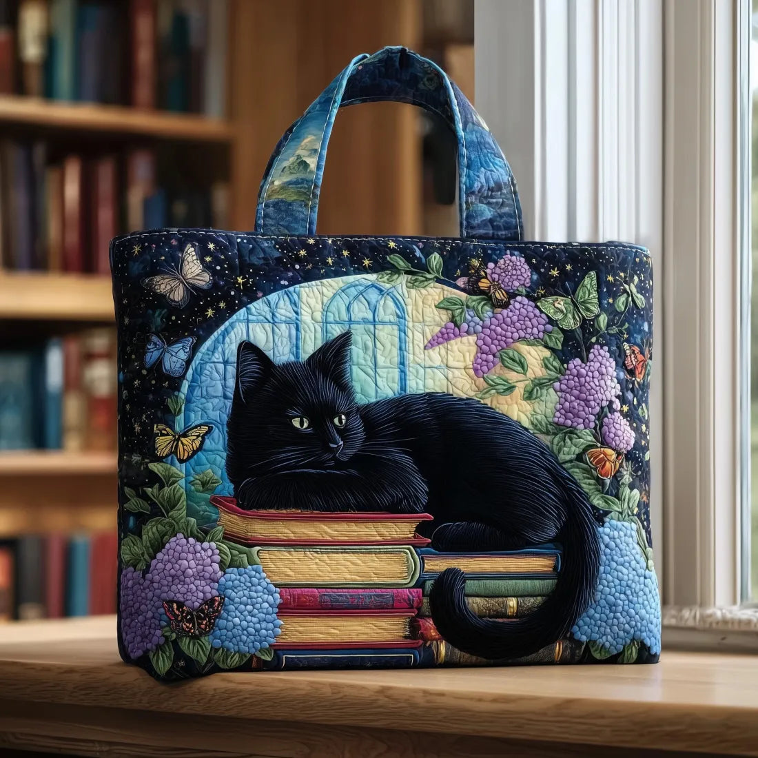 Ángela™ | Bolso Tote Artesanal con Estampado de Gato Negro y Libros