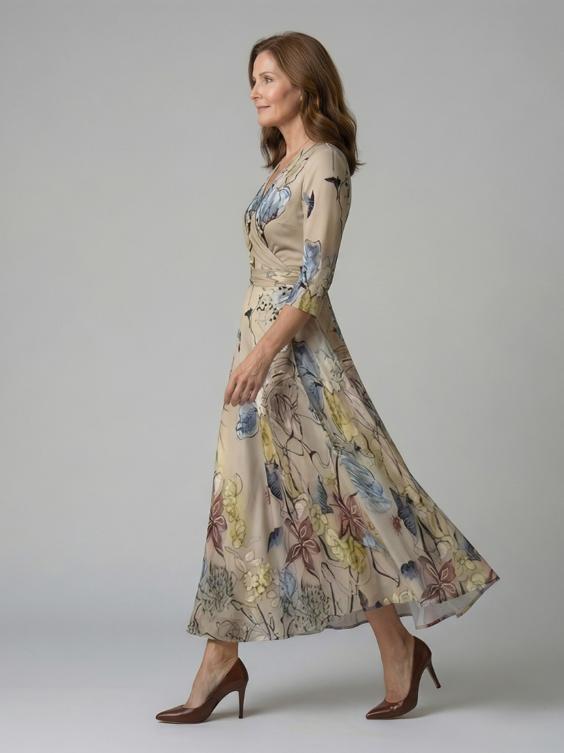 Celeste™ | Vestido Midi Floral con Escote Cruzado y Manga Tres Cuartos