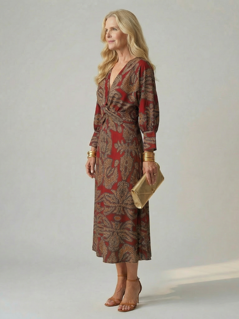 Luna™ | Vestido Midi Cruzado de Manga Larga con Estampado Natural