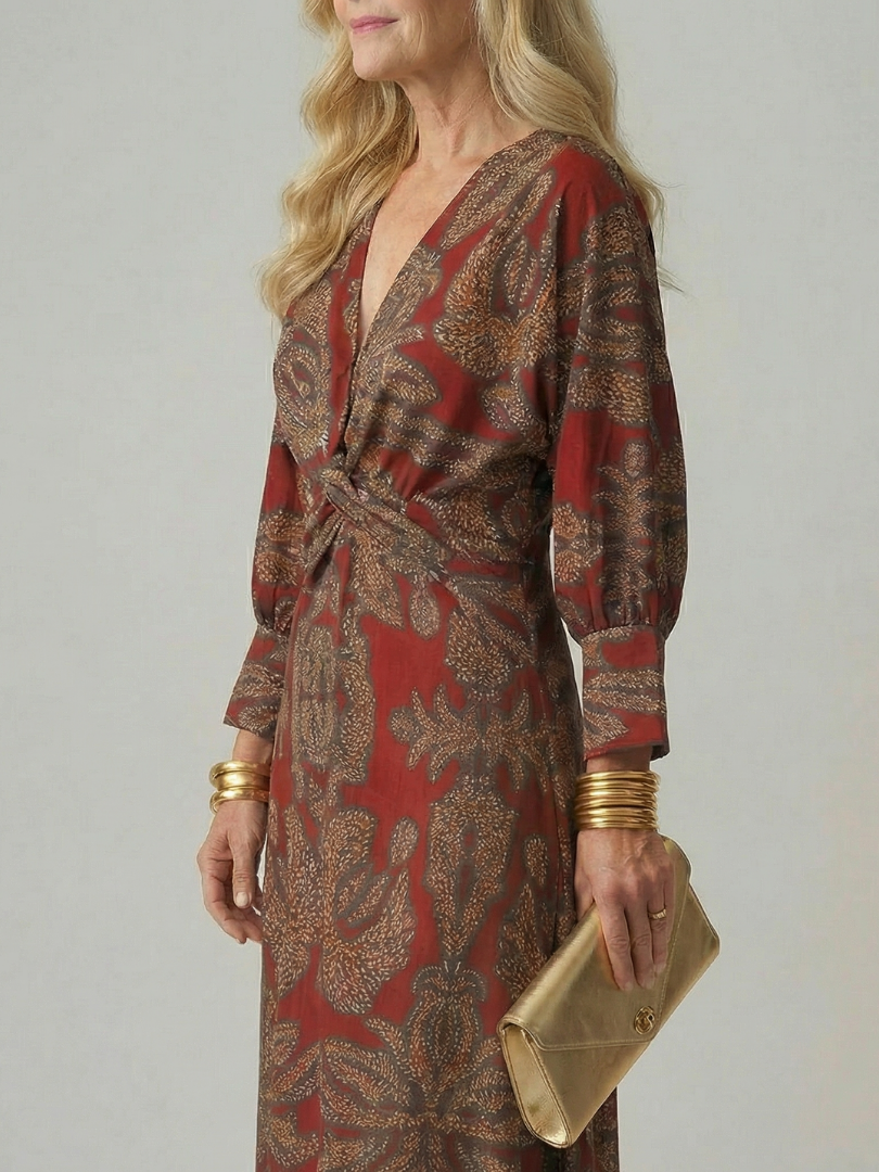 Luna™ | Vestido Midi Cruzado de Manga Larga con Estampado Natural