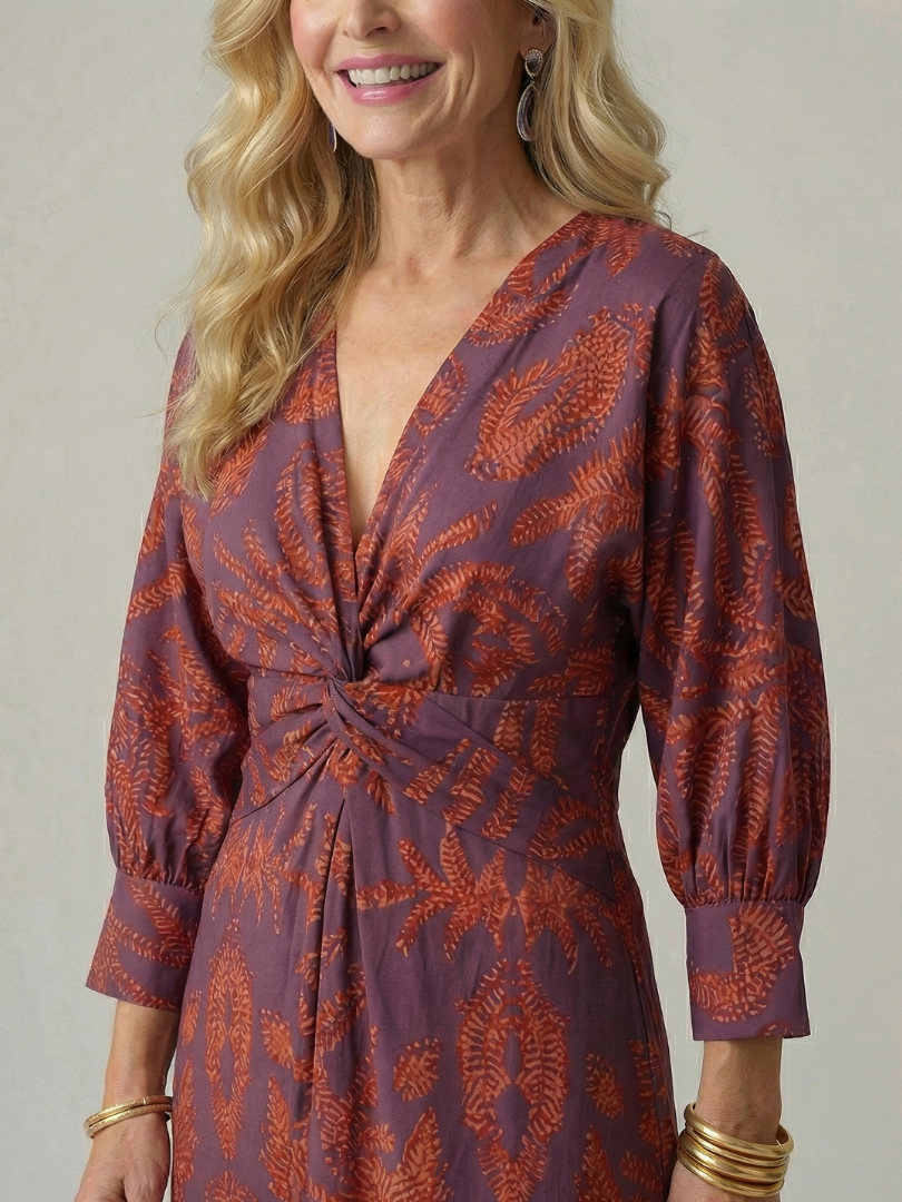 Luna™ | Vestido Midi Cruzado de Manga Larga con Estampado Natural