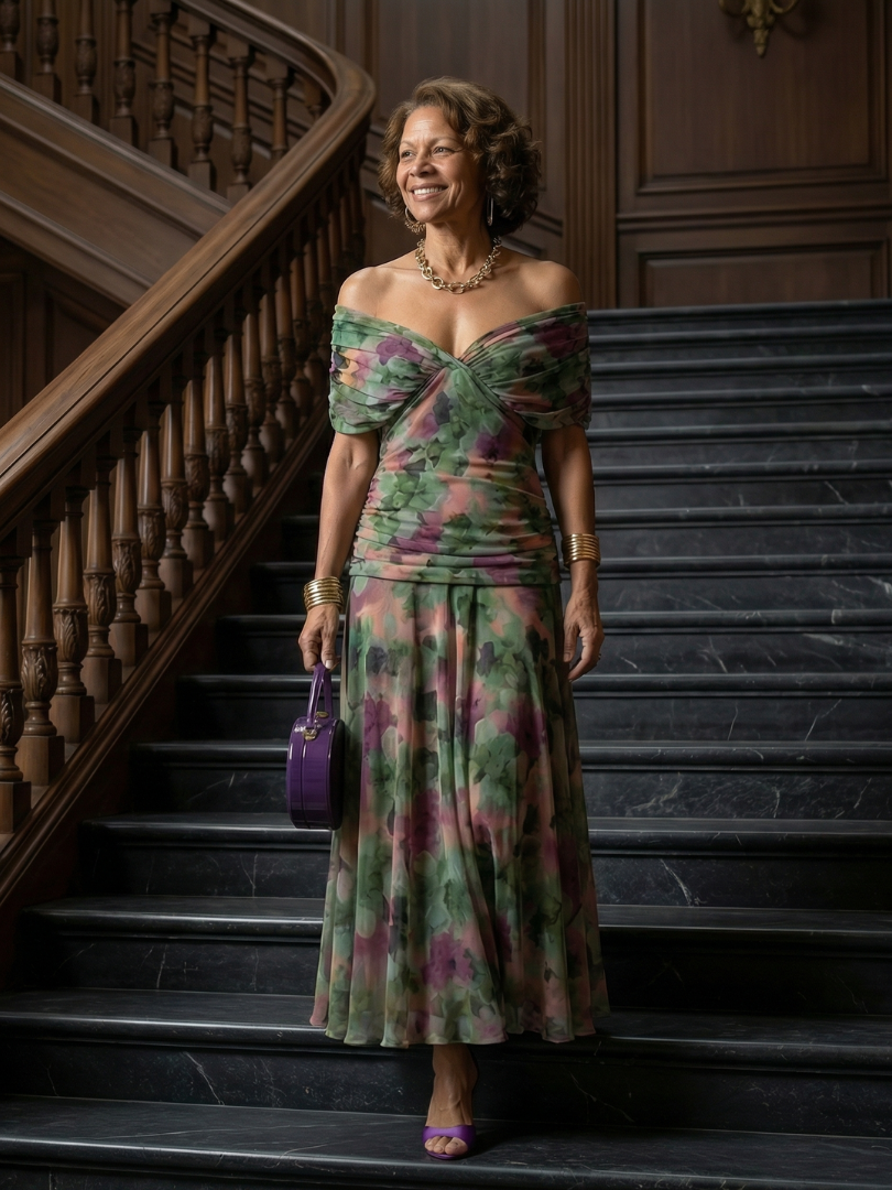 Calena™ | Vestido Midi Off-Shoulder con Escote Drapeado