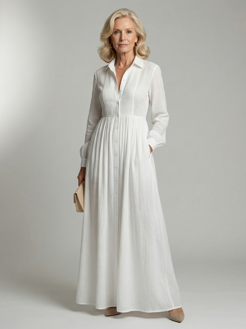 Lorena™ | Vestido Maxi Blanco de Manga Larga con Botones y Bolsillos