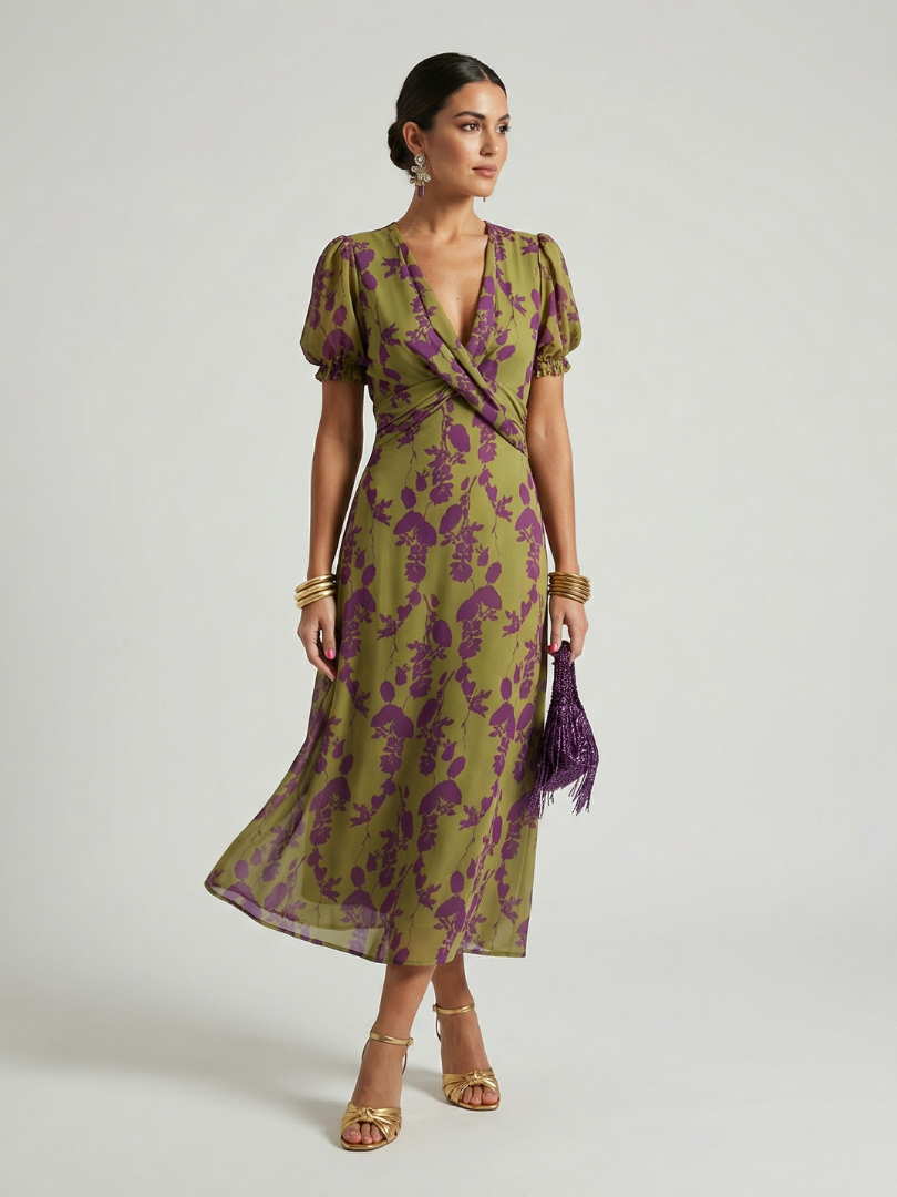 Virena™ | Vestido Midi Floral Cruzado de Manga Corta