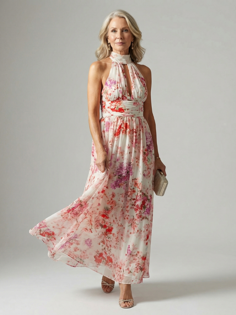 Elyana™ | Vestido Maxi Floral Halter de Tejido Fluido