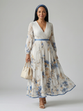 Riana™ | Vestido Midi Cruzado Floral con Falda Plisada y Manga Larga