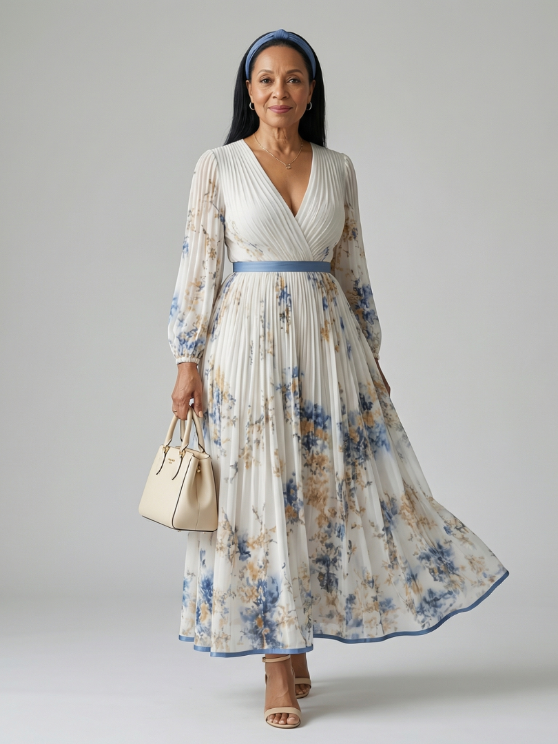 Riana™ | Vestido Midi Cruzado Floral con Falda Plisada y Manga Larga