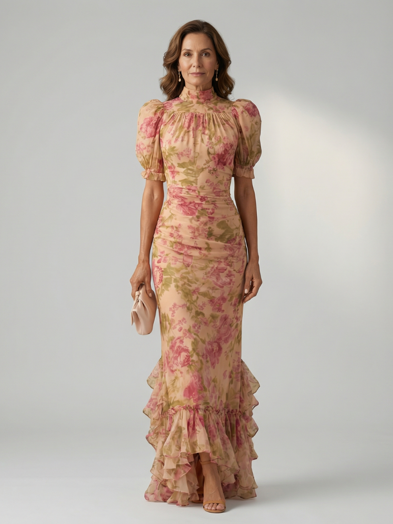 Viviana™ | Vestido Maxi Floral con Cuello Alto y Manga Abullonada