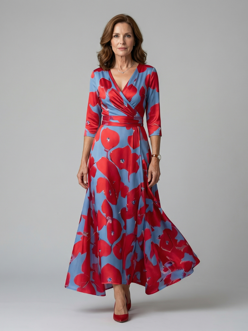 Celeste™ | Vestido Midi Floral con Escote Cruzado y Manga Tres Cuartos