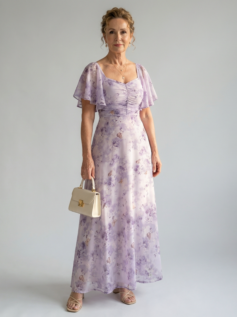 Valentía™ | Vestido Largo Floral con Manga Mariposa y Escote Cuadrado