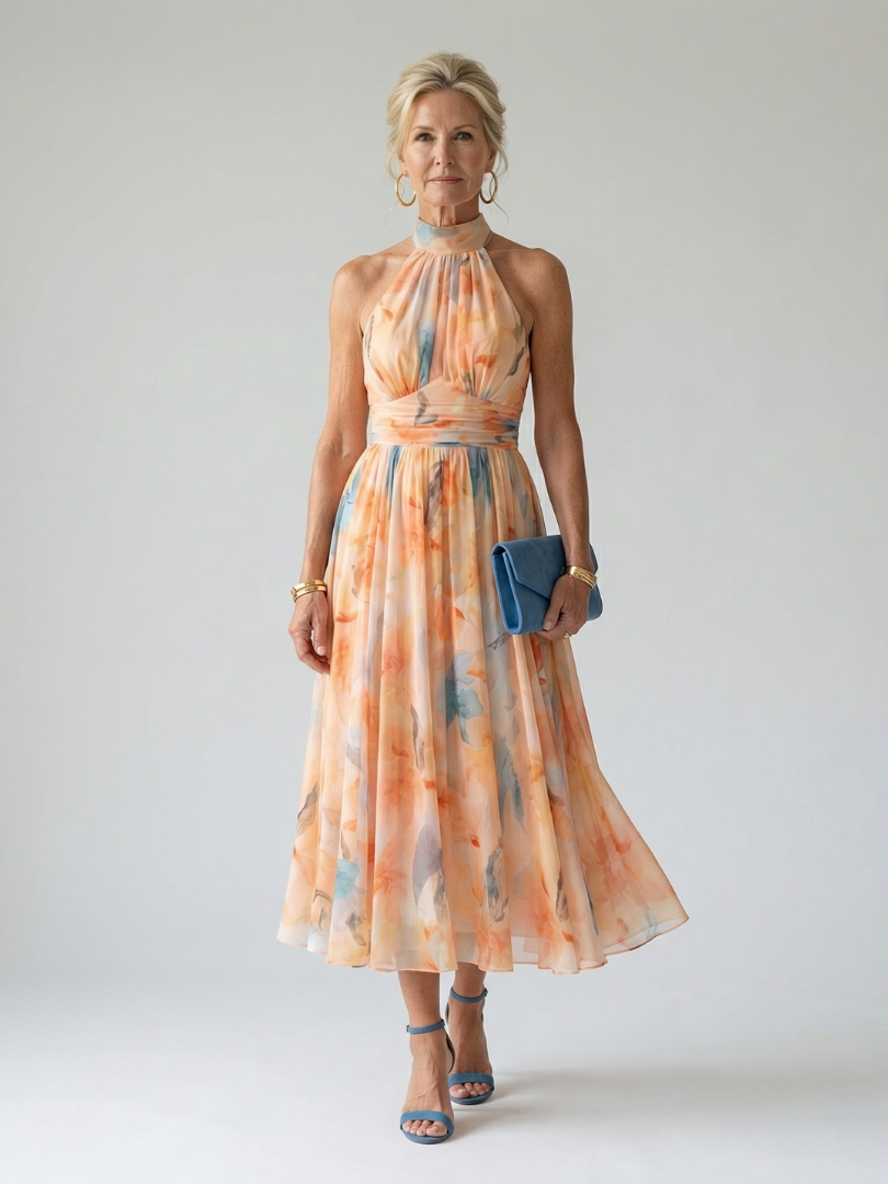 Elina™ | Vestido Midi Halter con Detalle Fruncido