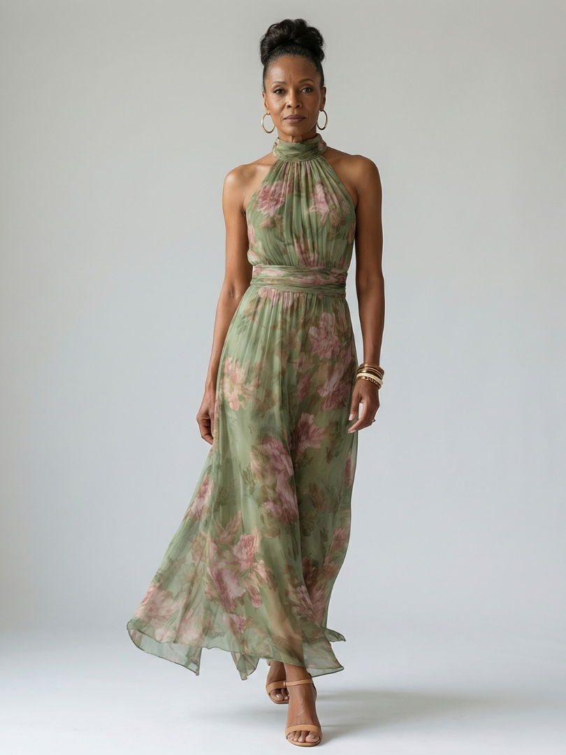 Mirella™ | Vestido Midi Halter Floral con Detalle Fruncido
