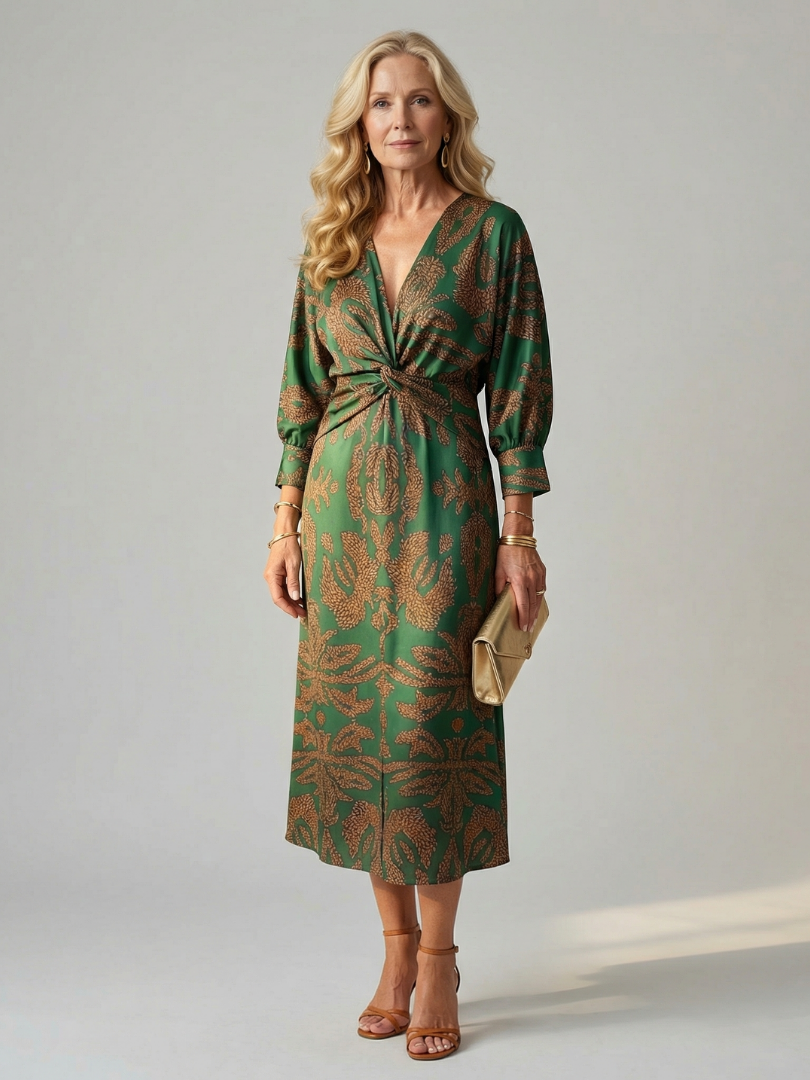 Luna™ | Vestido Midi Cruzado de Manga Larga con Estampado Natural