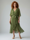Elvira™ | Vestido Midi Drapeado con Cinturón y Manga Codo