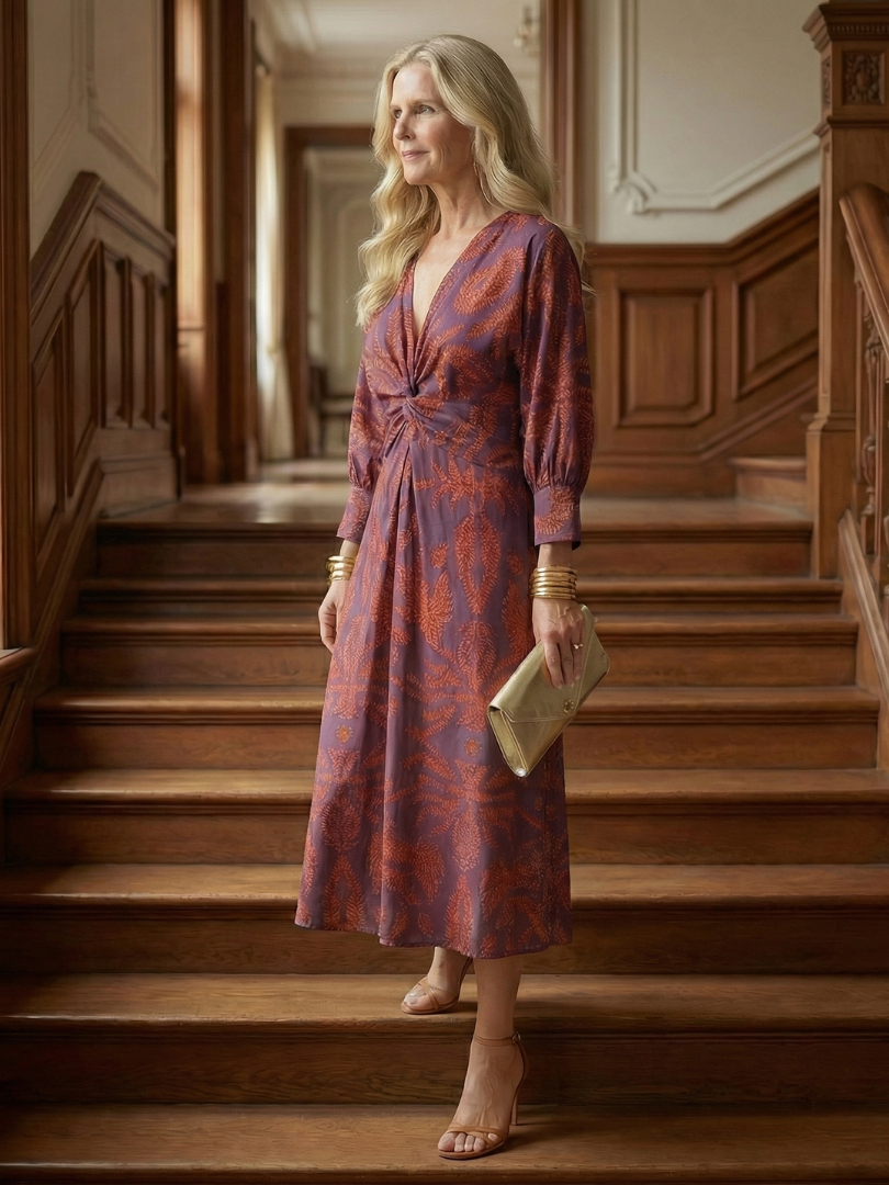 Luna™ | Vestido Midi Cruzado de Manga Larga con Estampado Natural