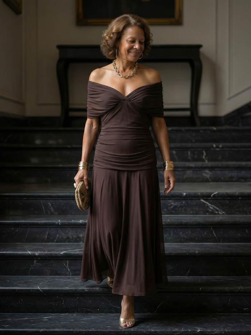 Calena™ | Vestido Midi Off-Shoulder con Escote Drapeado
