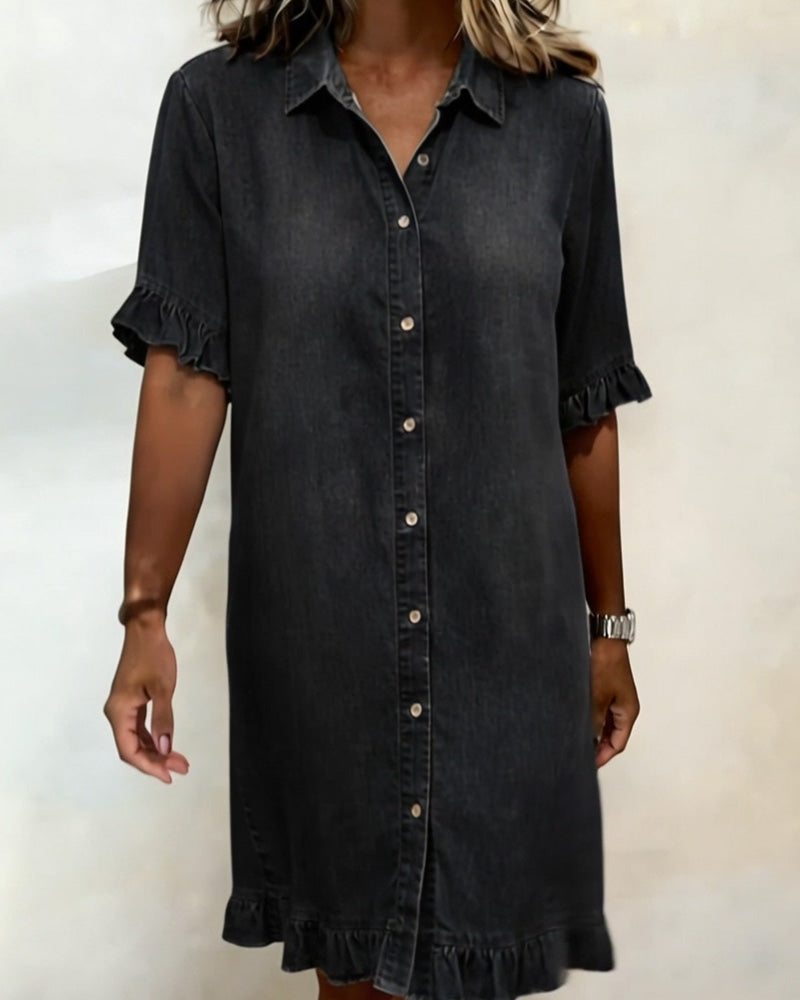 Lucía™ | Vestido Camisero Denim con Volantes