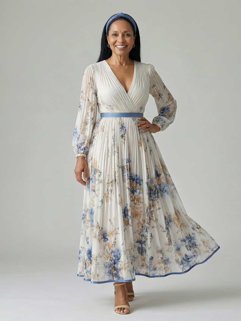 Riana™ | Vestido Midi Cruzado Floral con Falda Plisada y Manga Larga