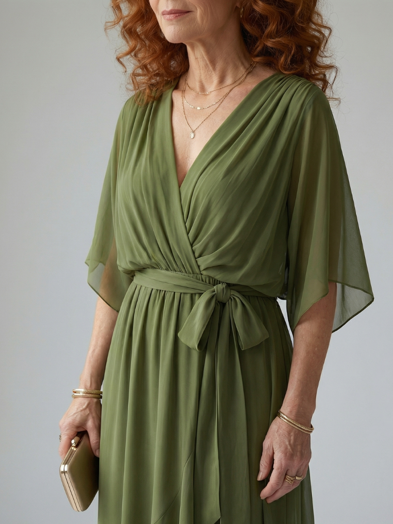 Elvira™ | Vestido Midi Drapeado con Cinturón y Manga Codo
