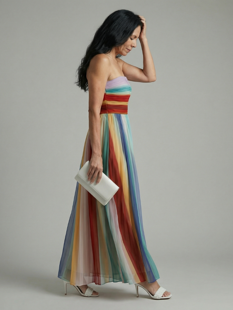 Serena™ | Vestido Maxi de Rayas Multicolor sin Tirantes