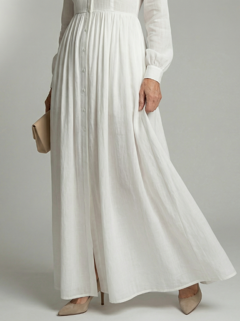 Lorena™ | Vestido Maxi Blanco de Manga Larga con Botones y Bolsillos