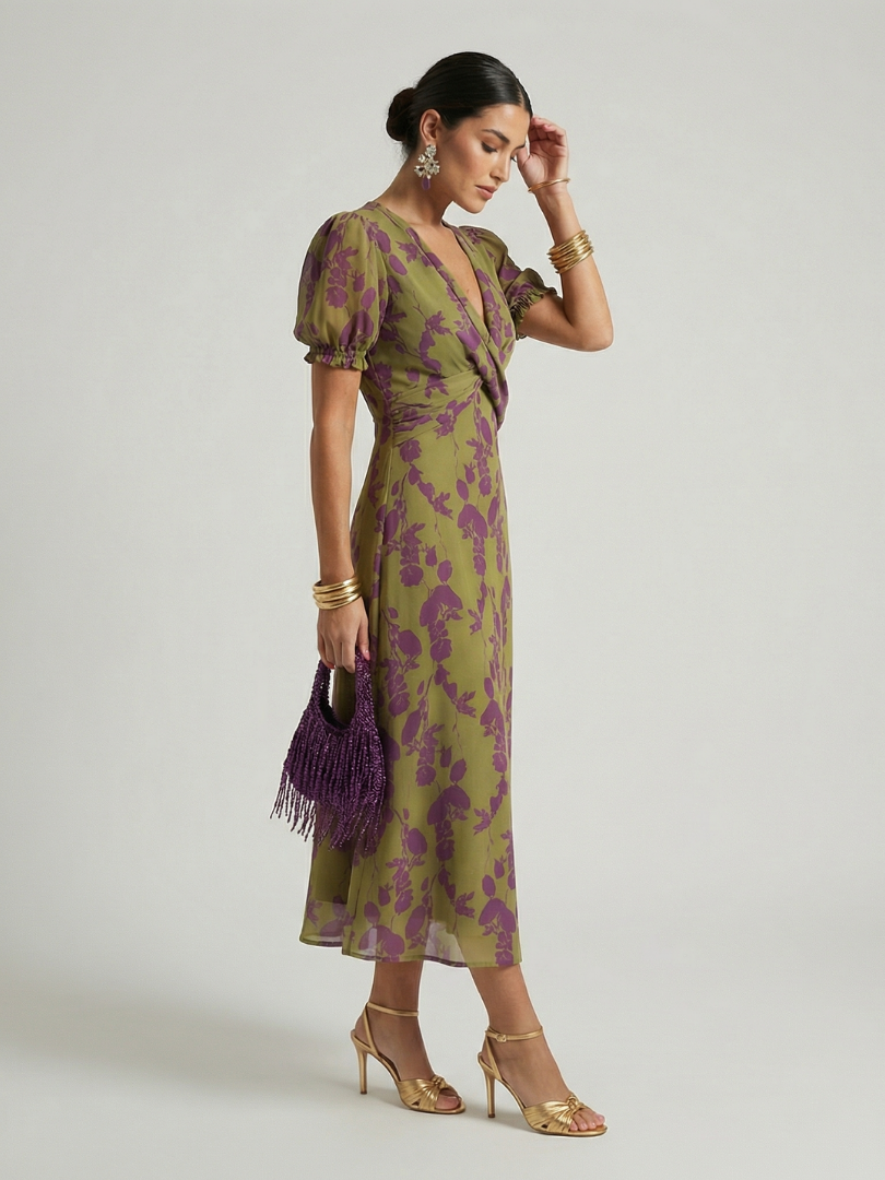 Virena™ | Vestido Midi Floral Cruzado de Manga Corta