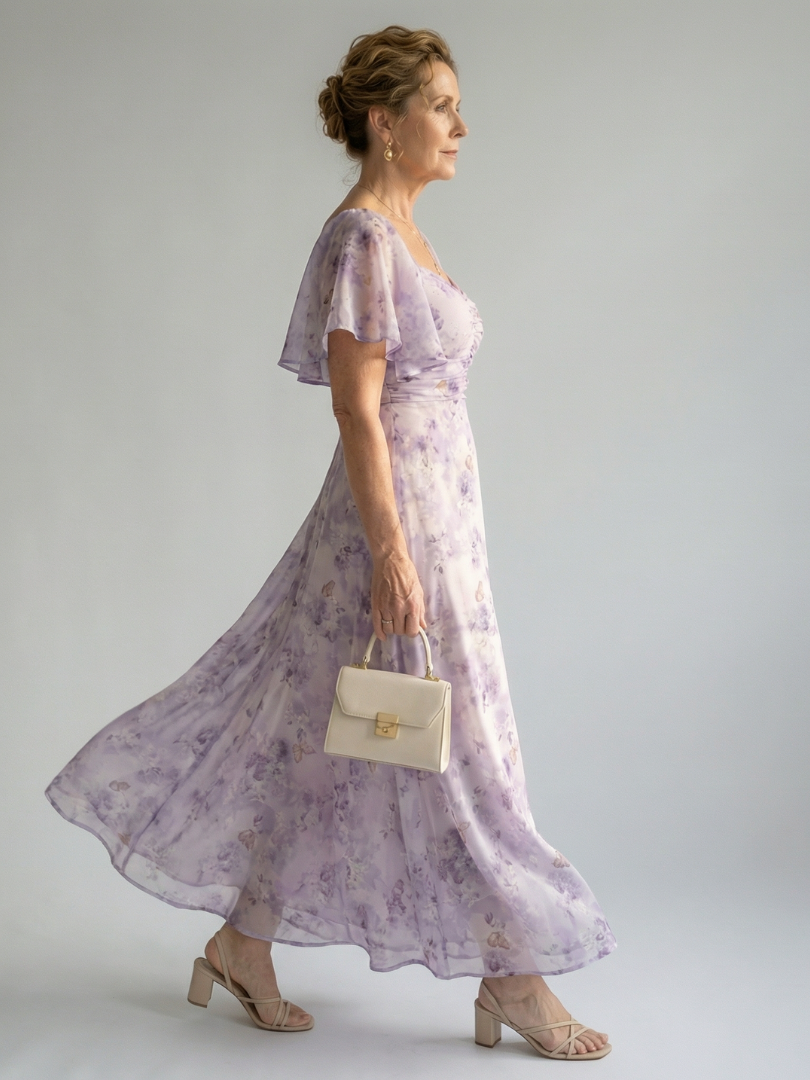 Valentía™ | Vestido Largo Floral con Manga Mariposa y Escote Cuadrado