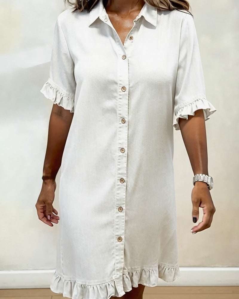 Lucía™ | Vestido Camisero Denim con Volantes