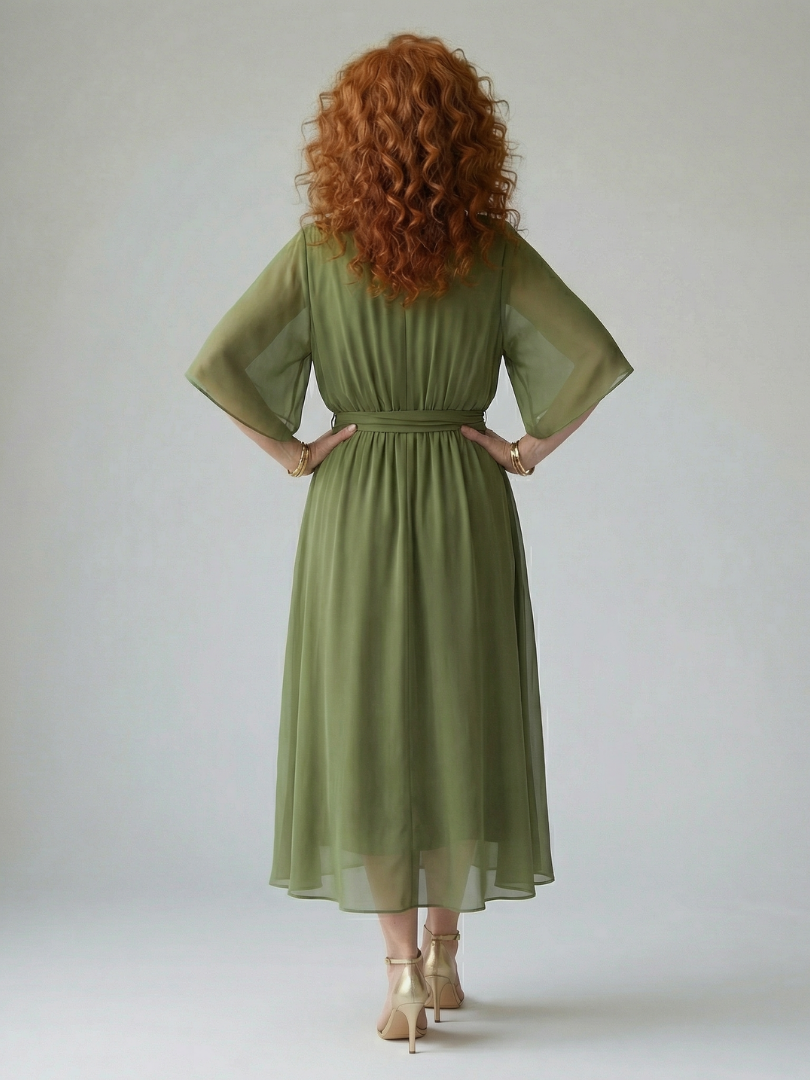 Elvira™ | Vestido Midi Drapeado con Cinturón y Manga Codo