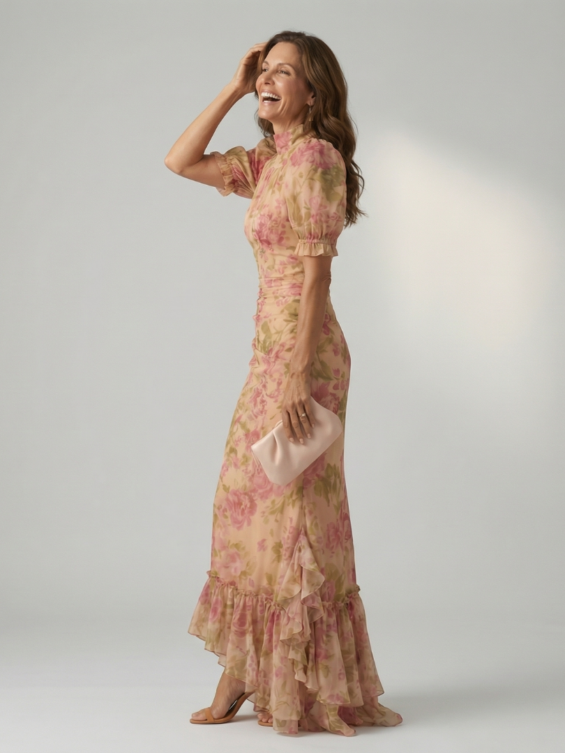 Viviana™ | Vestido Maxi Floral con Cuello Alto y Manga Abullonada