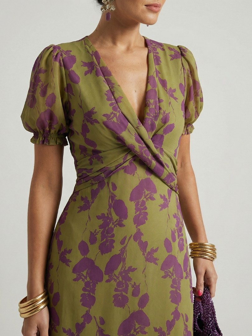 Virena™ | Vestido Midi Floral Cruzado de Manga Corta