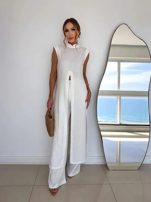 Benigna™ | Conjunto Blanco Túnica Volante y Pantalón