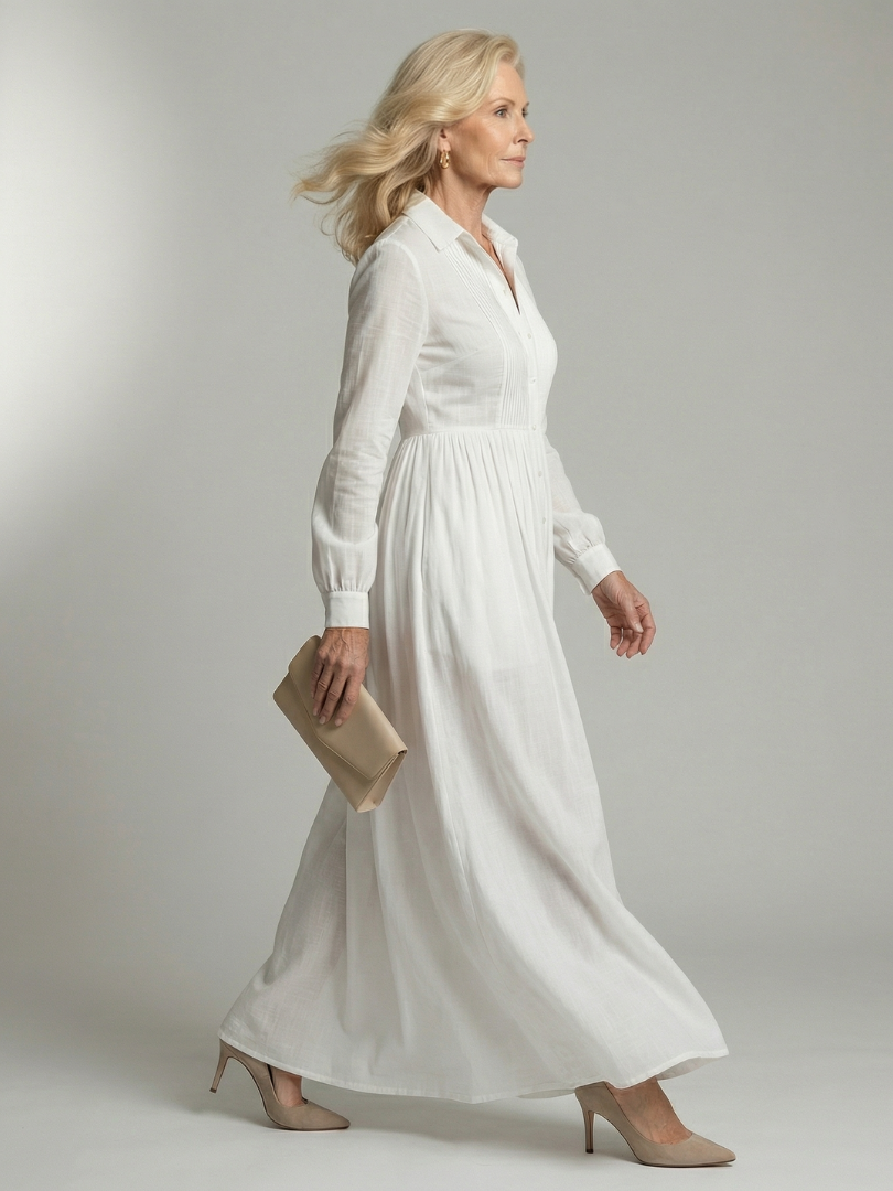 Lorena™ | Vestido Maxi Blanco de Manga Larga con Botones y Bolsillos