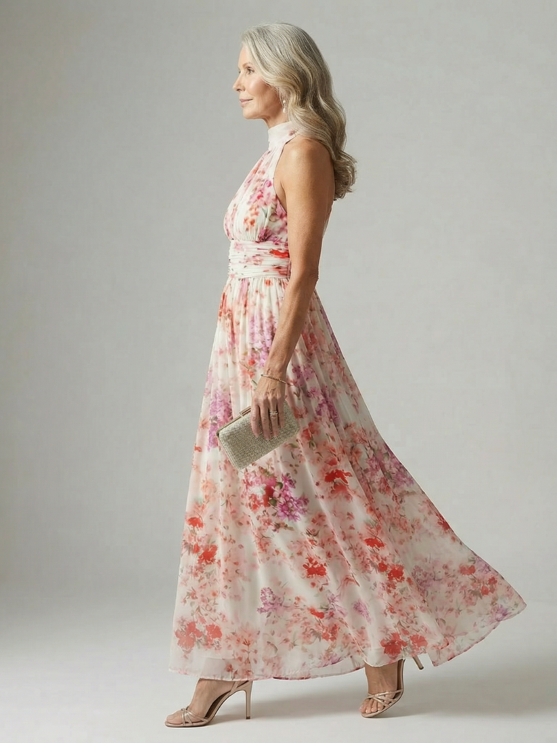 Elyana™ | Vestido Maxi Floral Halter de Tejido Fluido