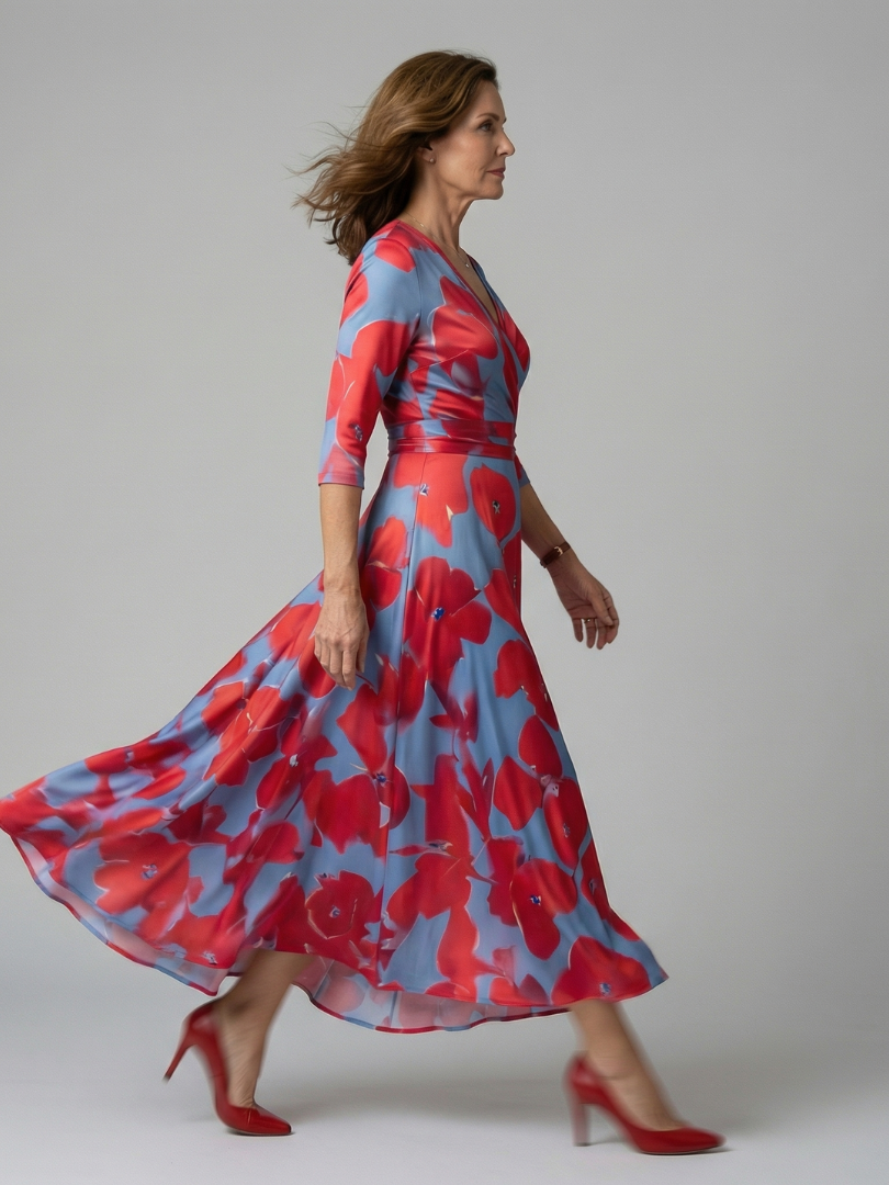Celeste™ | Vestido Midi Floral con Escote Cruzado y Manga Tres Cuartos