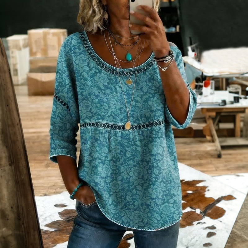 Yolanda™ | Blusa Vintage Turquesa con Detalle Étnico en la Cintura