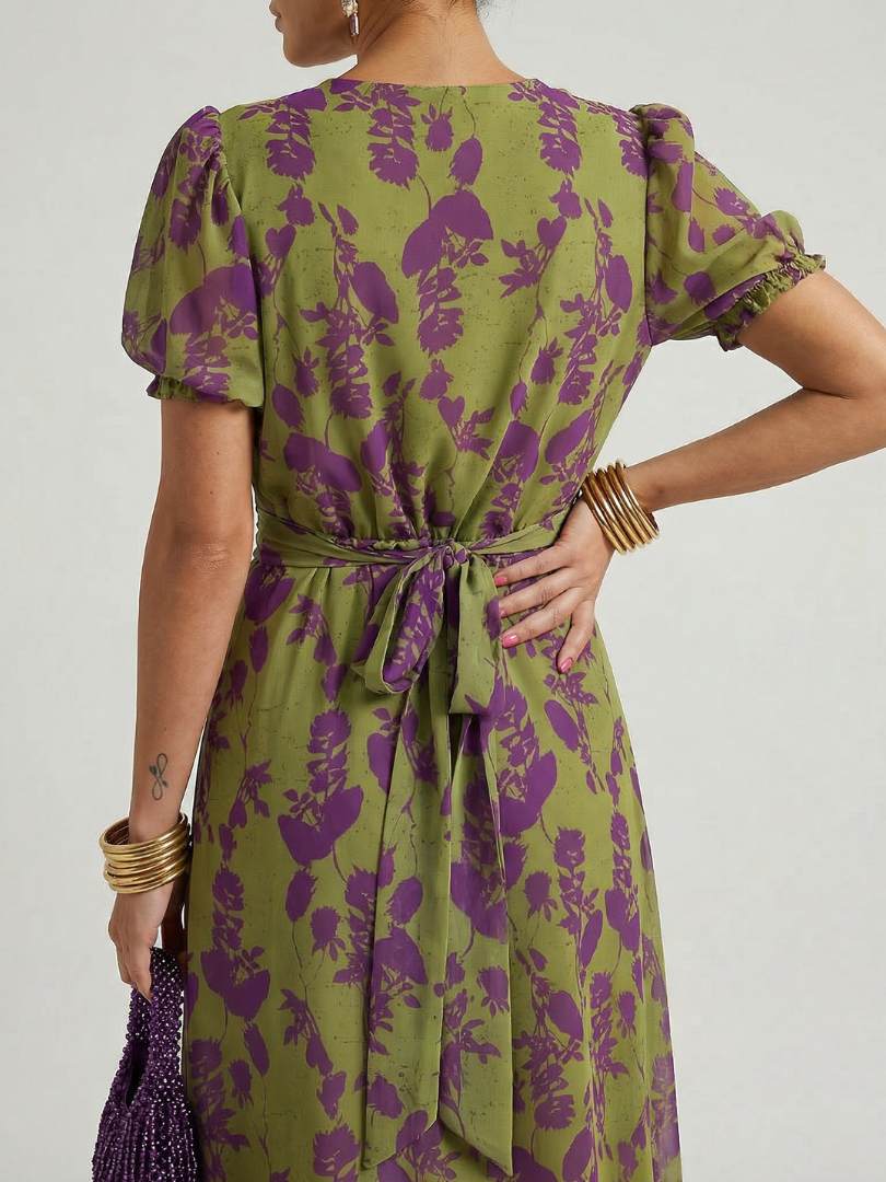 Virena™ | Vestido Midi Floral Cruzado de Manga Corta