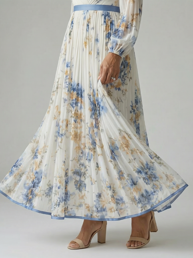 Riana™ | Vestido Midi Cruzado Floral con Falda Plisada y Manga Larga