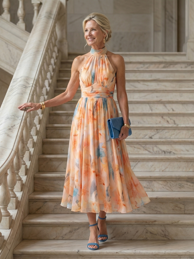 Elina™ | Vestido Midi Halter con Detalle Fruncido
