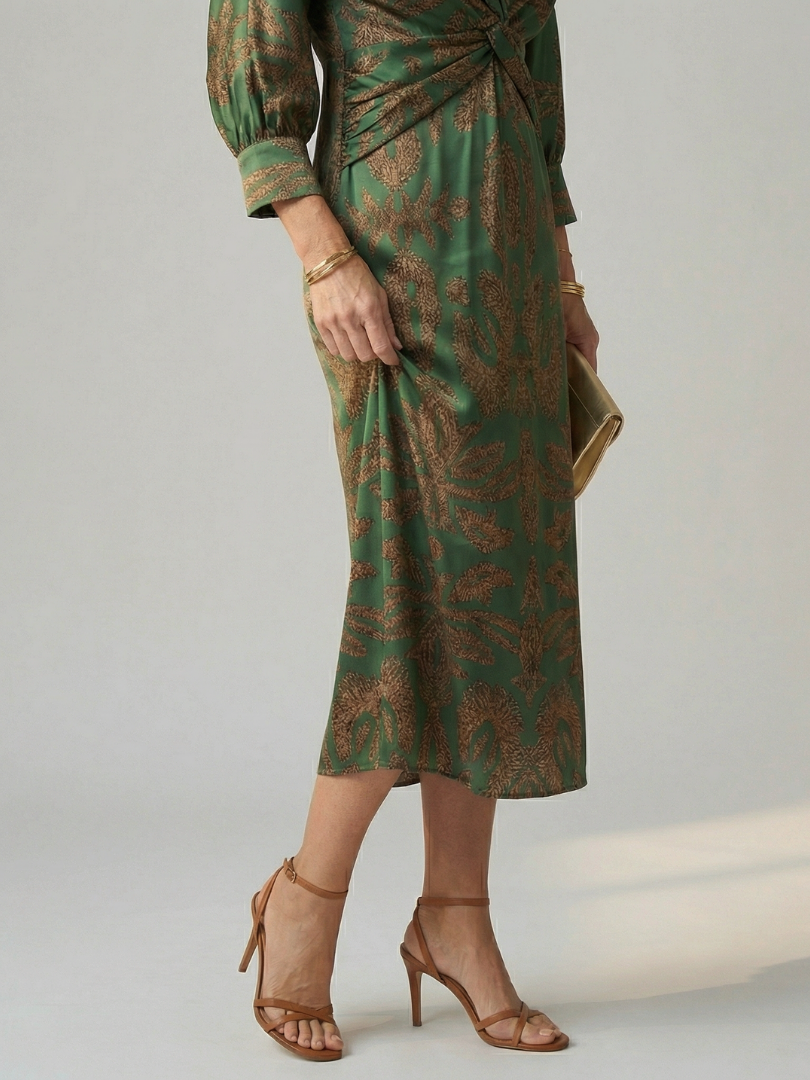 Luna™ | Vestido Midi Cruzado de Manga Larga con Estampado Natural