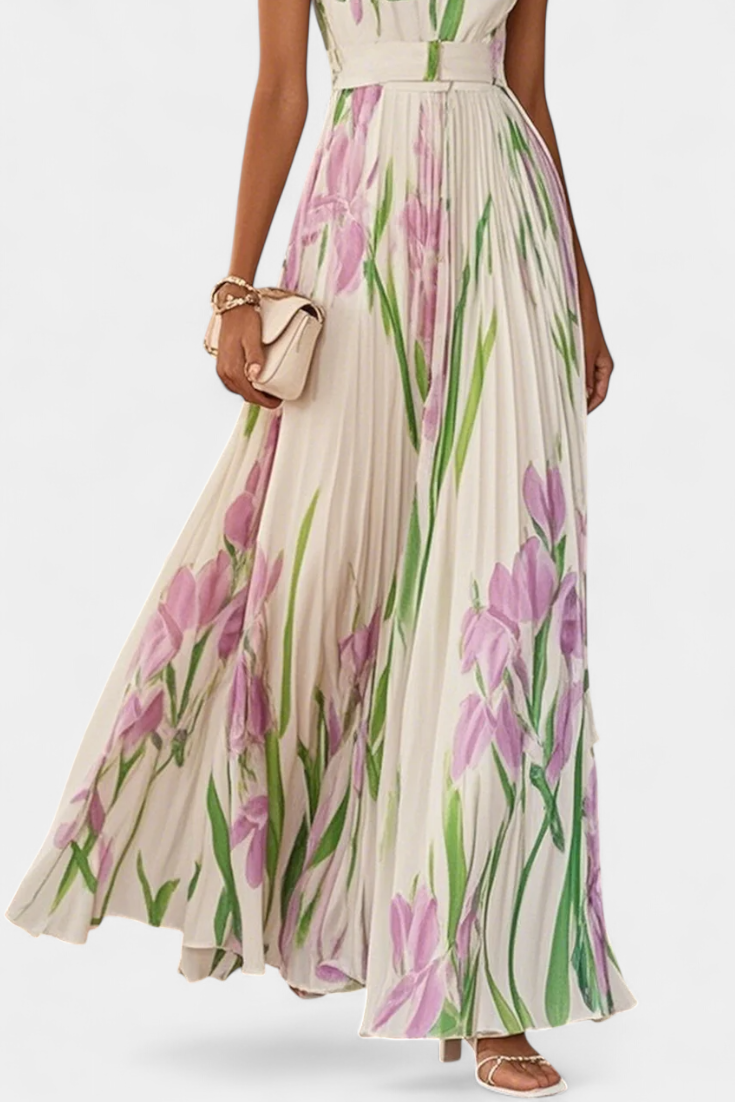 Calanthe Vestido Largo Plisado con Estampado Floral y Escote Cuadrado