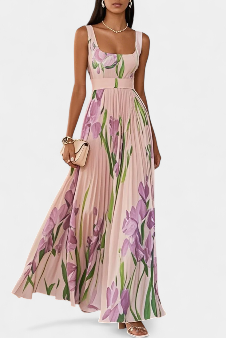 Calanthe Vestido Largo Plisado con Estampado Floral y Escote Cuadrado