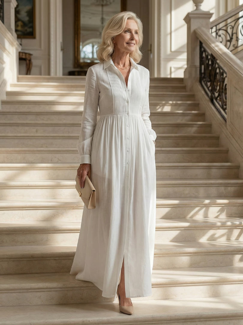 Lorena™ | Vestido Maxi Blanco de Manga Larga con Botones y Bolsillos