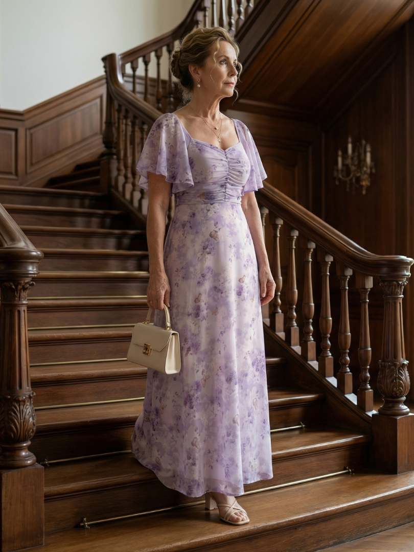 Valentía™ | Vestido Largo Floral con Manga Mariposa y Escote Cuadrado