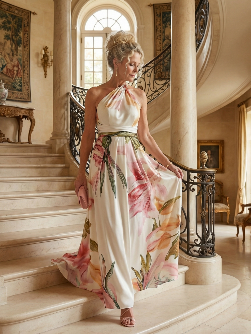 Amiela™ | Vestido Maxi Halter con Estampado Floral Grande