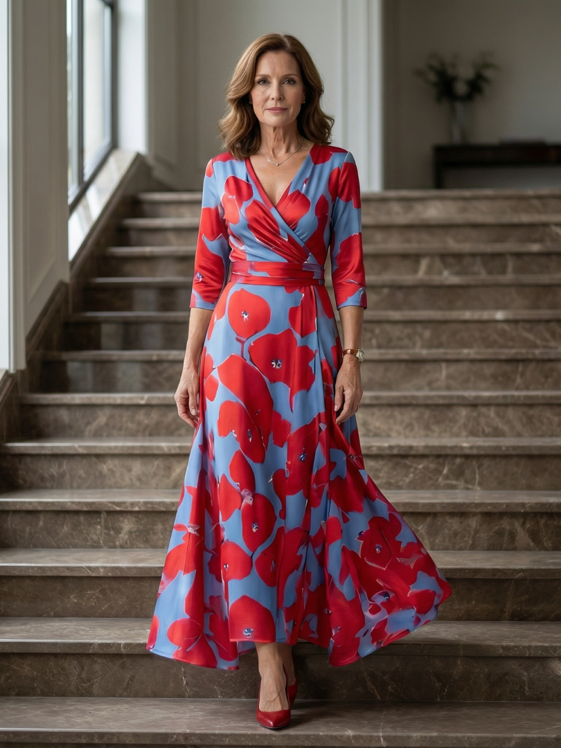 Celeste™ | Vestido Midi Floral con Escote Cruzado y Manga Tres Cuartos