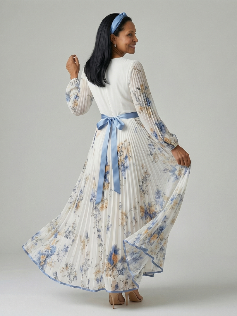 Riana™ | Vestido Midi Cruzado Floral con Falda Plisada y Manga Larga